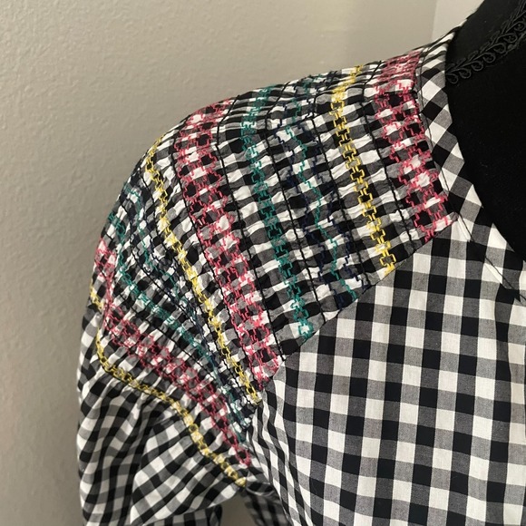 MADEWELL Sz S Smocked Embroidered Gingham Top Black White Checkered Tassel Ties - Picture 4 of 10